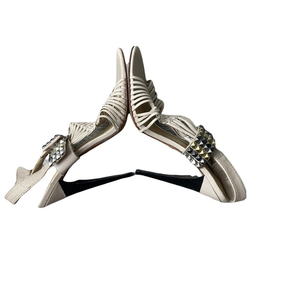 L.A.M.B 'Dakota' Cream Leather Strappy Woven Studded  Stiletto Sandal Heels 7.5M - Picture 8 of 12